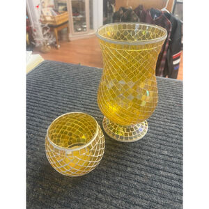 Yellow Mosaic Glass Hurricane Vase and Votive Set EUC Vintage Decor